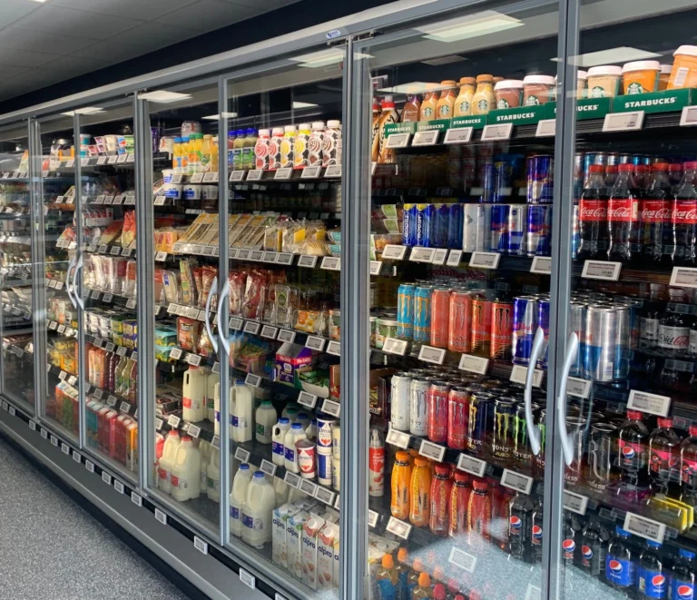 commercial fridge filled with drinks and food